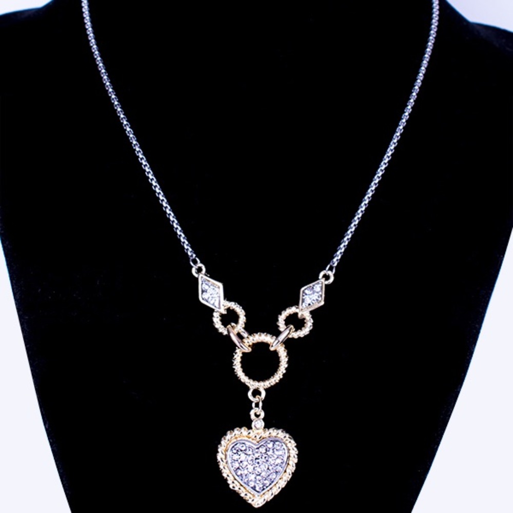 Silvertone/Goldtone Heart Pendant Full Of Pave Crystals. Box Style Chain